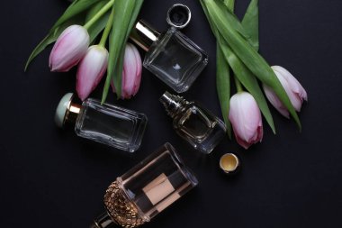 beautiful aroma perfumes set on dark background 