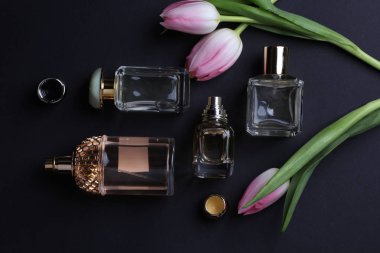 beautiful aroma perfumes set on dark background 