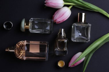 beautiful aroma perfumes set on dark background 