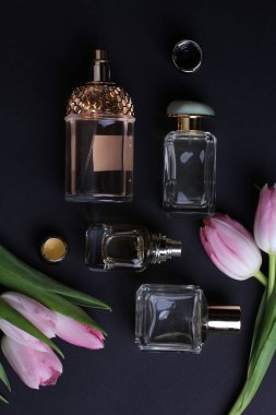 beautiful aroma perfumes set on dark background 