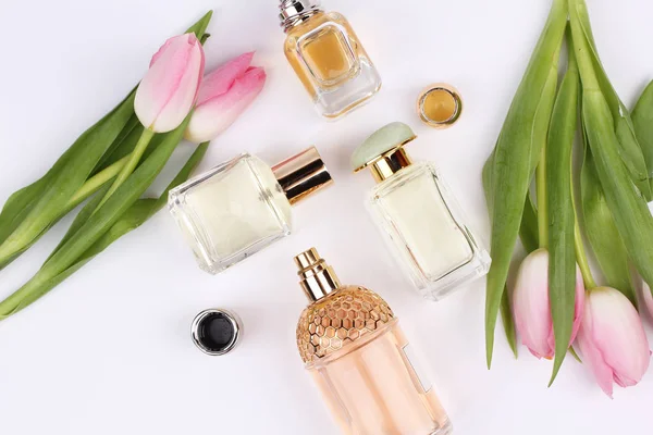 Conjunto Perfumes Aromáticos Con Flores Plantas Sobre Fondo Blanco —  Fotos de Stock