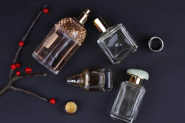 Beautiful Aroma Perfumes Set Dark Background — Stock Photo, Image