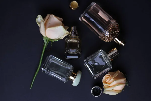 Beautiful Aroma Perfumes Set Dark Background — Stock Photo, Image