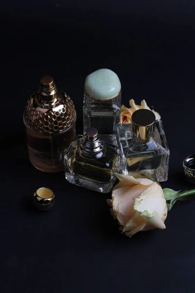 Perfumes Aroma Bonito Definido Fundo Escuro — Fotografia de Stock