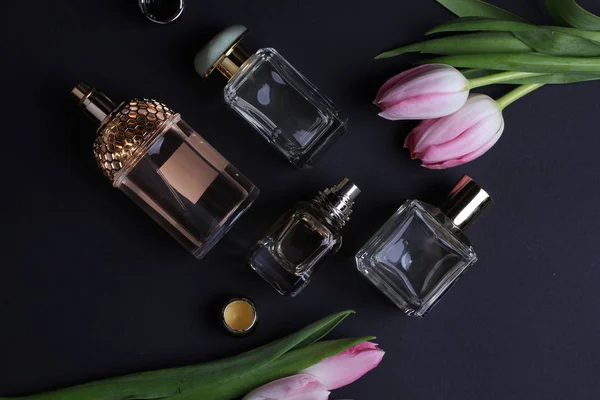 Beautiful Aroma Perfumes Set Dark Background — 图库照片