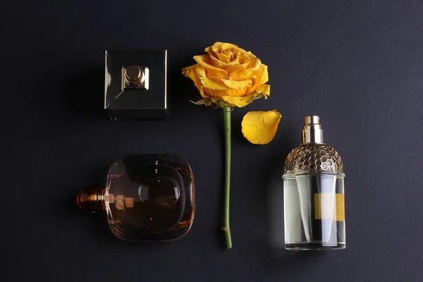 Conjunto Perfumes Aroma Com Flores Rosa Fundo Escuro — Fotografia de Stock