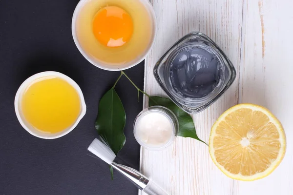 Top View Organic Cosmetics Set Creams Lemon Slice Egg Yolk — Stock Photo, Image