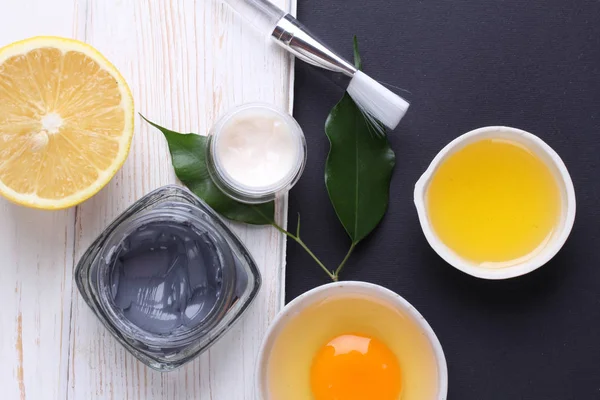 Top View Organic Cosmetics Set Creams Lemon Slice Egg Yolk — ストック写真