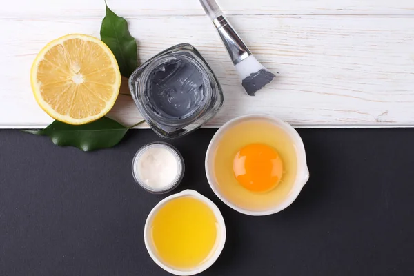 Top View Organic Cosmetics Set Creams Lemon Slice Egg Yolk — Stock Photo, Image