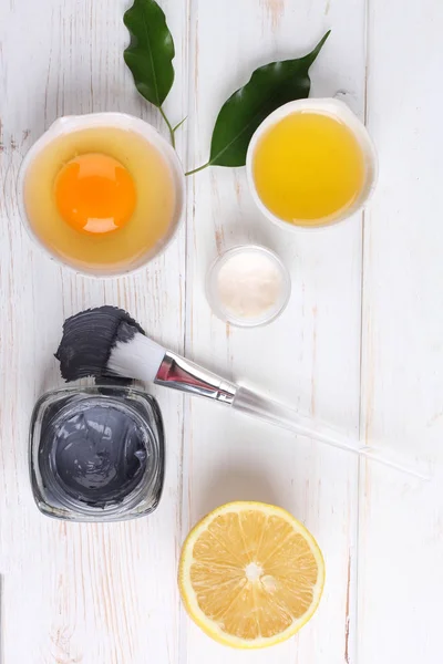 Top View Organic Cosmetics Set Creams Lemon Slice Egg Yolk — Stok fotoğraf