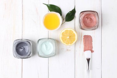 beautiful cosmetics composition on white wooden background