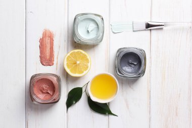 beautiful cosmetics composition on white wooden background