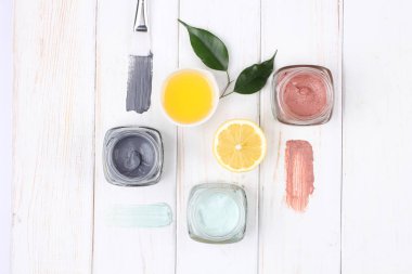 beautiful cosmetics composition on white wooden background