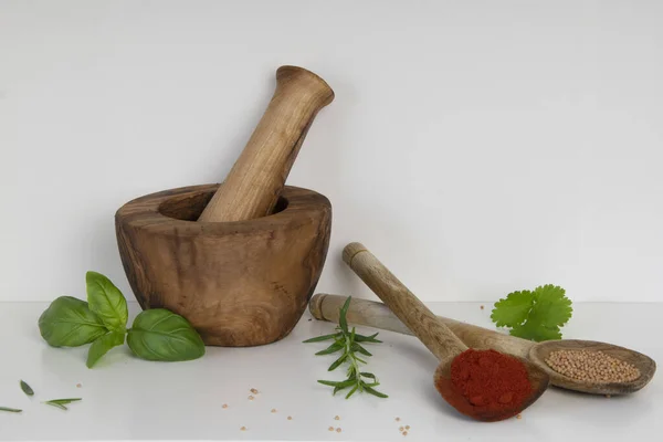 Mortar Pestle Dried Spices Fresh Herb Leaves — Stock Photo, Image