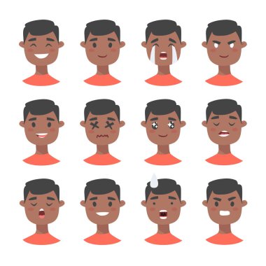 Emoji karakter kümesi. Karikatür tarzı duygu simgeler. Kız avatarlar farklı yüz ifadeleri ile izole. Düz resimde siyah kadın duygusal yüzleri. Vektör çizim ifade el çekilmiş