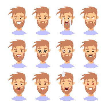 Erkek emoji karakter kümesi. Karikatür tarzı duygu simgeler. Farklı yüz ifadeleri ile izole erkek avatarları. Düz illüstrasyon mens duygusal yüzleri. Vektör çizim ifade el çekilmiş
