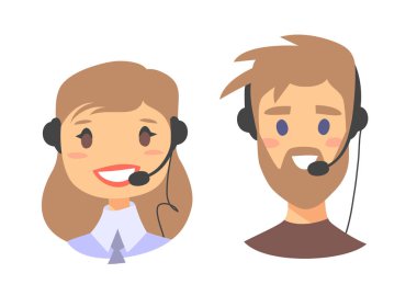Mutlu gülümseyen müşteri destek telefonu operatörü portresi. CallCenter işçi kulaklık ile. Çizgi film vektör illüstrasyon kadın ve adam Ajan