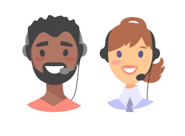 Mutlu gülümseyen müşteri destek telefonu operatörü portresi. CallCenter işçi kulaklık ile. Çizgi film vektör illüstrasyon Avrupa kadın ve zenci Ajan