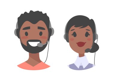 Mutlu gülümseyen müşteri destek telefonu operatörü portresi. CallCenter işçi kulaklık ile. Çizgi film vektör illüstrasyon siyah kadın ve zenci Ajan