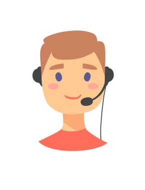 Mutlu gülümseyen erkek müşteri destek telefonu operatörü portresi. CallCenter işçi kulaklık ile. Çizgi film vektör çizim adam Ajan. Çocuk emoji