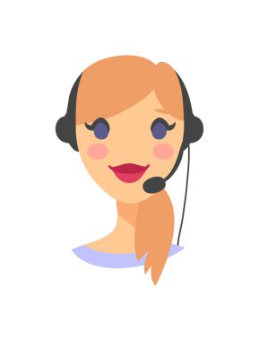 Mutlu gülümseyen kadın müşteri destek telefonu operatörü portresi. CallCenter işçi kulaklık ile. Çizgi film vektör illüstrasyon kadın ajan. Kız emoji avatar