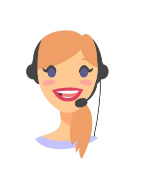 Mutlu gülümseyen kadın müşteri destek telefonu operatörü portresi. CallCenter işçi kulaklık ile. Çizgi film vektör illüstrasyon kadın ajan. Kız emoji avatar