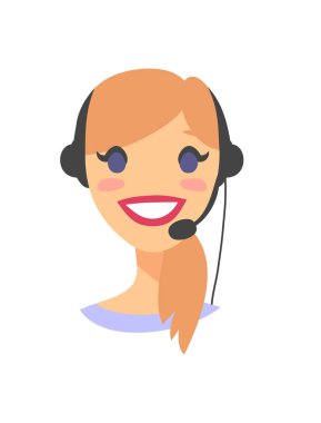 Mutlu gülümseyen kadın müşteri destek telefonu operatörü portresi. CallCenter işçi kulaklık ile. Çizgi film vektör illüstrasyon kadın ajan. Kız emoji avatar