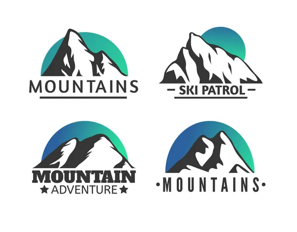 Hand drawn Mountains Logo set. Ski Resort vector icons, mountain silhouette elements. Ride and Snowboarding symbols isolated, travel labels — Stock Vector