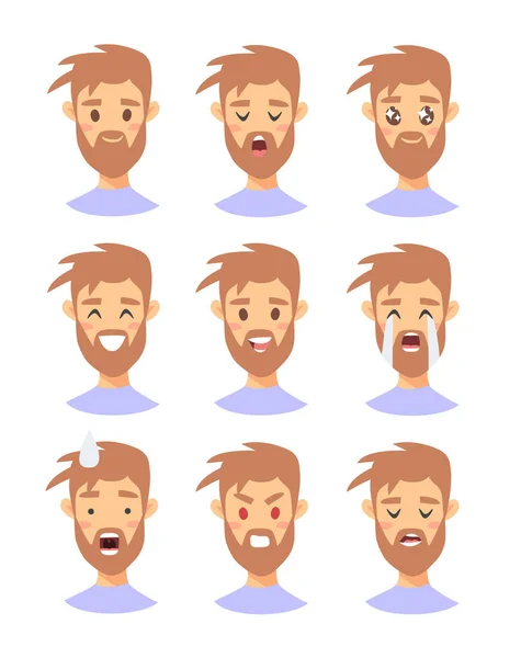 Conjunto de personajes masculinos emoji. Iconos de emoción estilo dibujos animados. Avatares chicos aislados con diferentes expresiones faciales. Ilustración plana mens caras emocionales. Emoticono dibujado a mano vector dibujo — Vector de stock