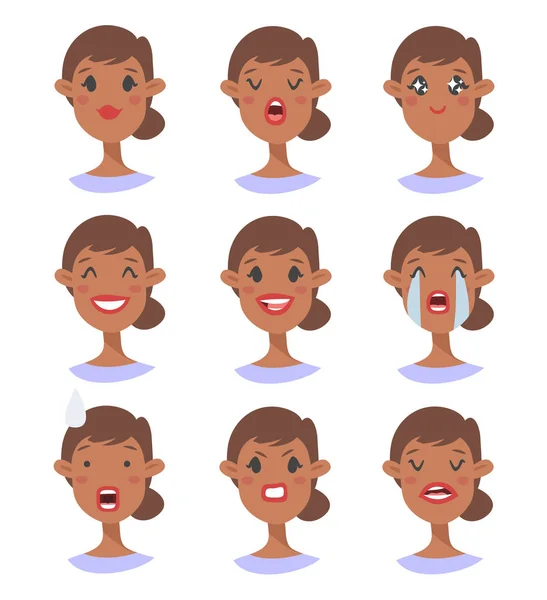 Σύνολο των χαρακτήρων emoji. Καρτούν στυλ εικόνες συγκίνηση. Απομονωμένη κορίτσι είδωλα με διαφορετικές εκφράσεις του προσώπου. Επίπεδη απεικόνιση Μαύρη γυναικεία συναισθηματική αντιμετωπίζει. Χέρι που σχεδίασης φατσούλα διάνυσμα — Διανυσματικό Αρχείο