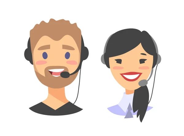 Portrett av smilende kundestøtte-telefonoperatør. Callsenterarbeider med hodetelefoner. Tegneserie illustrasjon asiatisk kvinne og europeisk mann agent – stockvektor