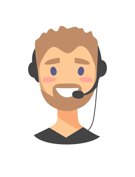 Portrait of happy smiling male customer support phone operator. callcenter worker with headset. Cartoon vector illustration man agent. Boy emoji — Stock Vector