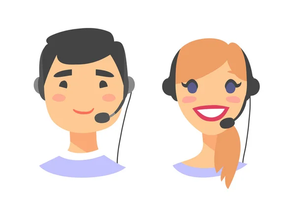 Portret van gelukkig lachend klant ondersteuning telefoon operator. Callcenter werknemer met headset. Cartoon vector illustratie Europese vrouw en Aziatische man agent — Stockvector