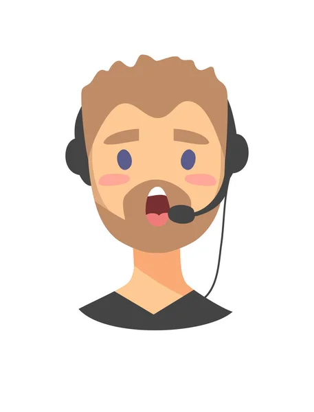 Ritratto di operatore telefonico dell'assistenza clienti maschile. operatore del call center con auricolare. Cartoon vettore illustrazione uomo agente. Ragazzo emoji — Vettoriale Stock