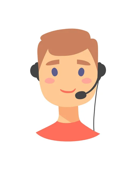 Ritratto di felice sorridente operatore telefonico di assistenza clienti maschile. operatore del call center con auricolare. Cartoon vettore illustrazione uomo agente. Ragazzo emoji — Vettoriale Stock