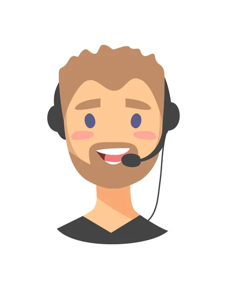 Portrét šťastný usmívající se mužských zákazníků podpory operátora. CallCenter pracovník s mikrofonem. Kreslené vektorové ilustrace muž agent. Boy emoji — Stockový vektor