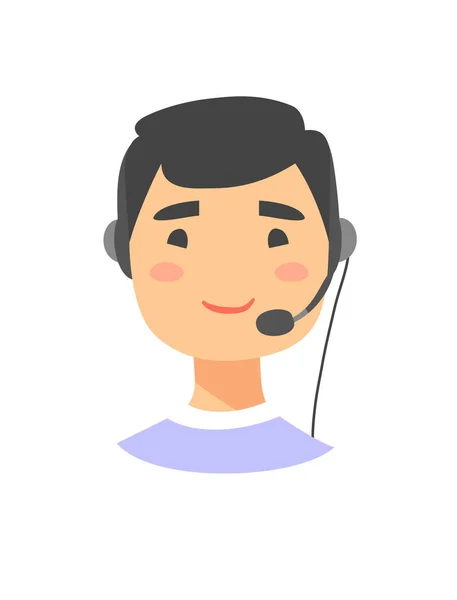 Retrato de feliz sonriente operador telefónico de atención al cliente masculino. Trabajador asiático del centro de llamadas con auriculares. Dibujos animados vector ilustración agente hombre. Chico emoji — Vector de stock