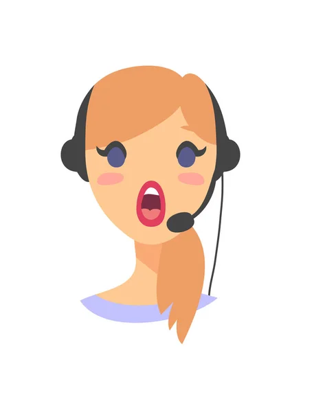 Portrait de femme parlant opérateur de téléphone de soutien à la clientèle. Travailleur de centre d'appels avec casque. Illustration vectorielle de dessin animé agent femme. Fille emoji avatar — Image vectorielle