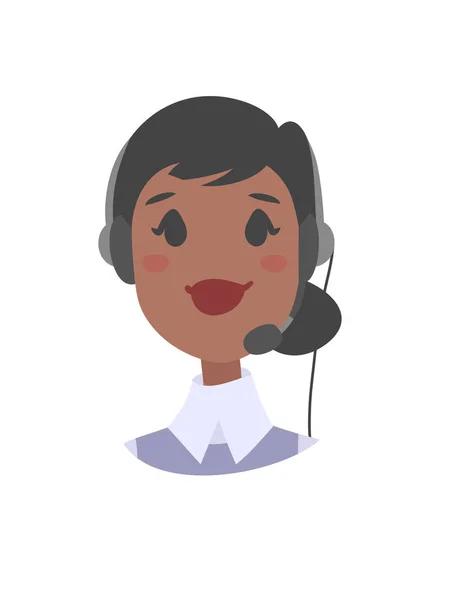 Retrato de feliz sonriente operador de teléfono de atención al cliente femenino. Trabajador del centro de llamadas con auriculares. Dibujos animados vector ilustración agente mujer. Chica emoji avatar — Vector de stock