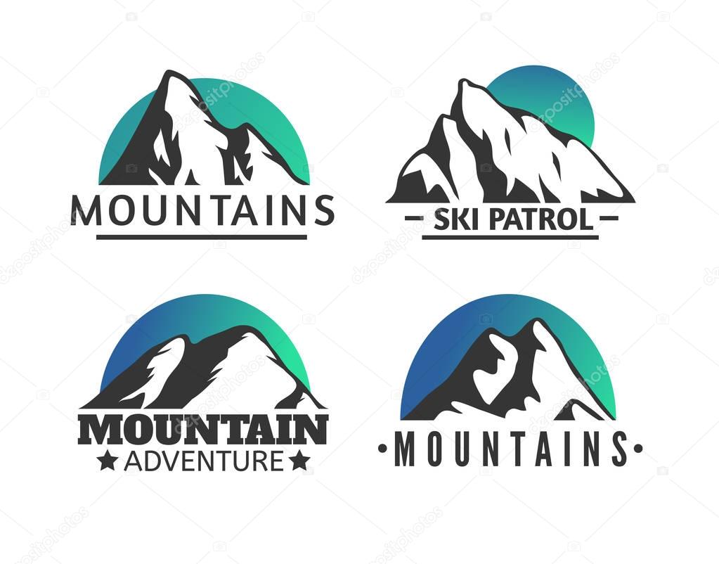Hand drawn Mountains Logo set. Ski Resort vector icons, mountain silhouette elements. Ride and Snowboarding symbols isolated, travel labels