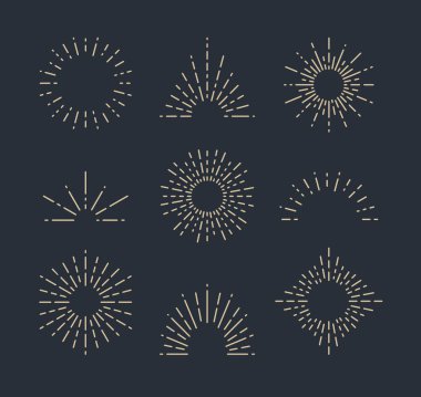 Vintage Sunbursts farklı şekillerde kümesi. Yenilikçi vektör çizim