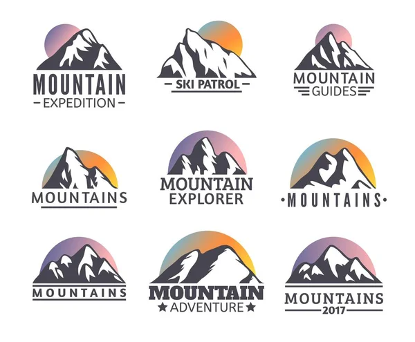 Hand drawn Mountains Logo set. Ski Resort vector icons, mountain silhouette elements