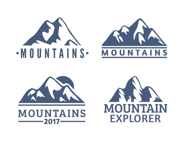 Hand getrokken bergen Logo set. Ski Resort vector iconen, berg silhouet elementen. Ride en snowboard symbolen geïsoleerd, reizen etiketten — Stockvector