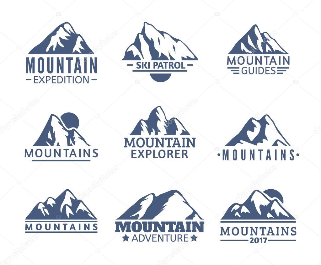 Vintage Hand drawn Mountains Logo set. Ski Resort vector icons, mountain silhouette elements. Ride and Snowboarding symbols isolated, travel labels