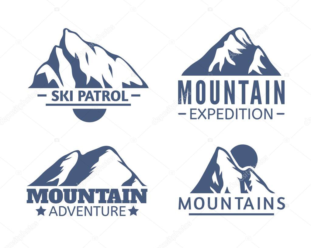 Hand drawn Mountains Logo set. Ski Resort vector icons, mountain silhouette elements. Ride and Snowboarding symbols isolated, travel labels