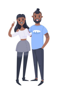 Genç bir çift. El siyah kadın ve adam çekilmiş. Düz stil vektör çizim aile. Çizgi film karakterleri