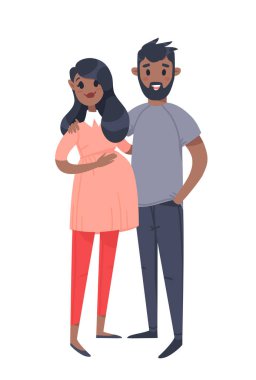 Genç bir çift. El siyah hamile kadın ve adam çekilmiş. Düz stil vektör çizim aile. Çizgi film karakterleri