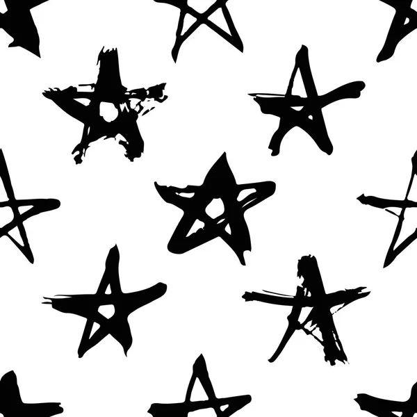 Pintura dibujada a mano patrón sin costura. Fondo estrellas en blanco y negro — Vector de stock