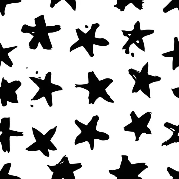 Pintura dibujada a mano patrón sin costura. Fondo estrellas en blanco y negro — Vector de stock