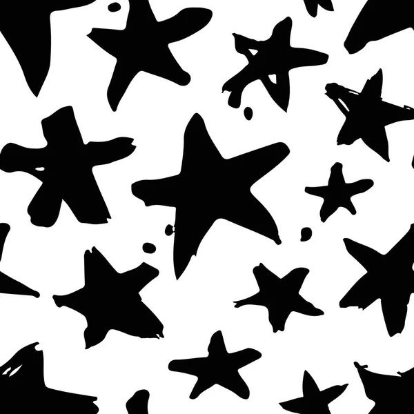 Pintura dibujada a mano patrón sin costura. Fondo estrellas en blanco y negro — Vector de stock